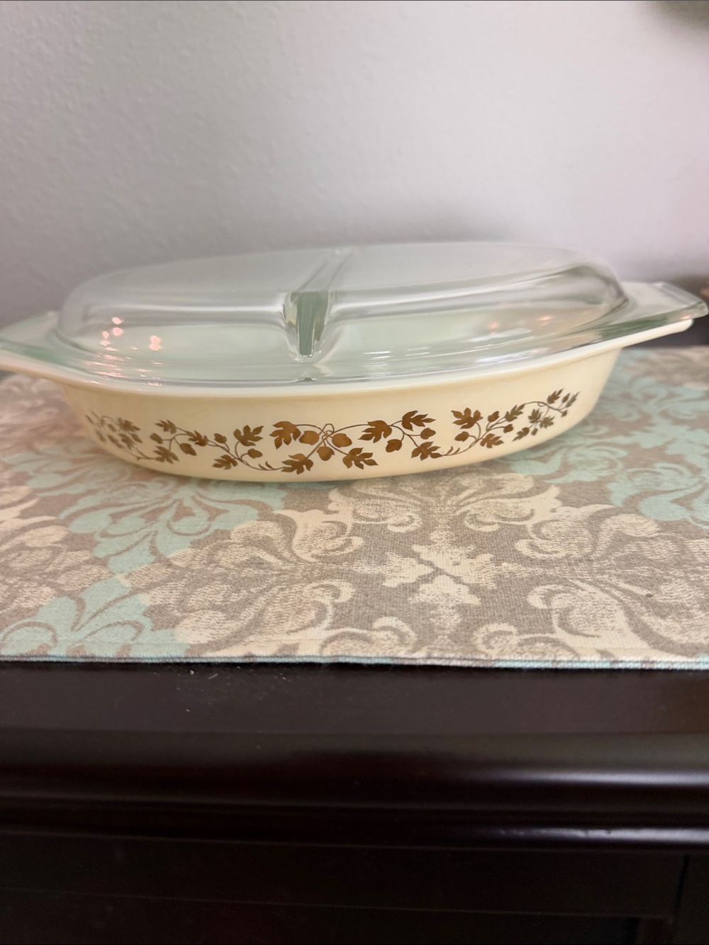 Pyrex Divided Casserole/Serving  Cream Color with Gold Floral Pattern